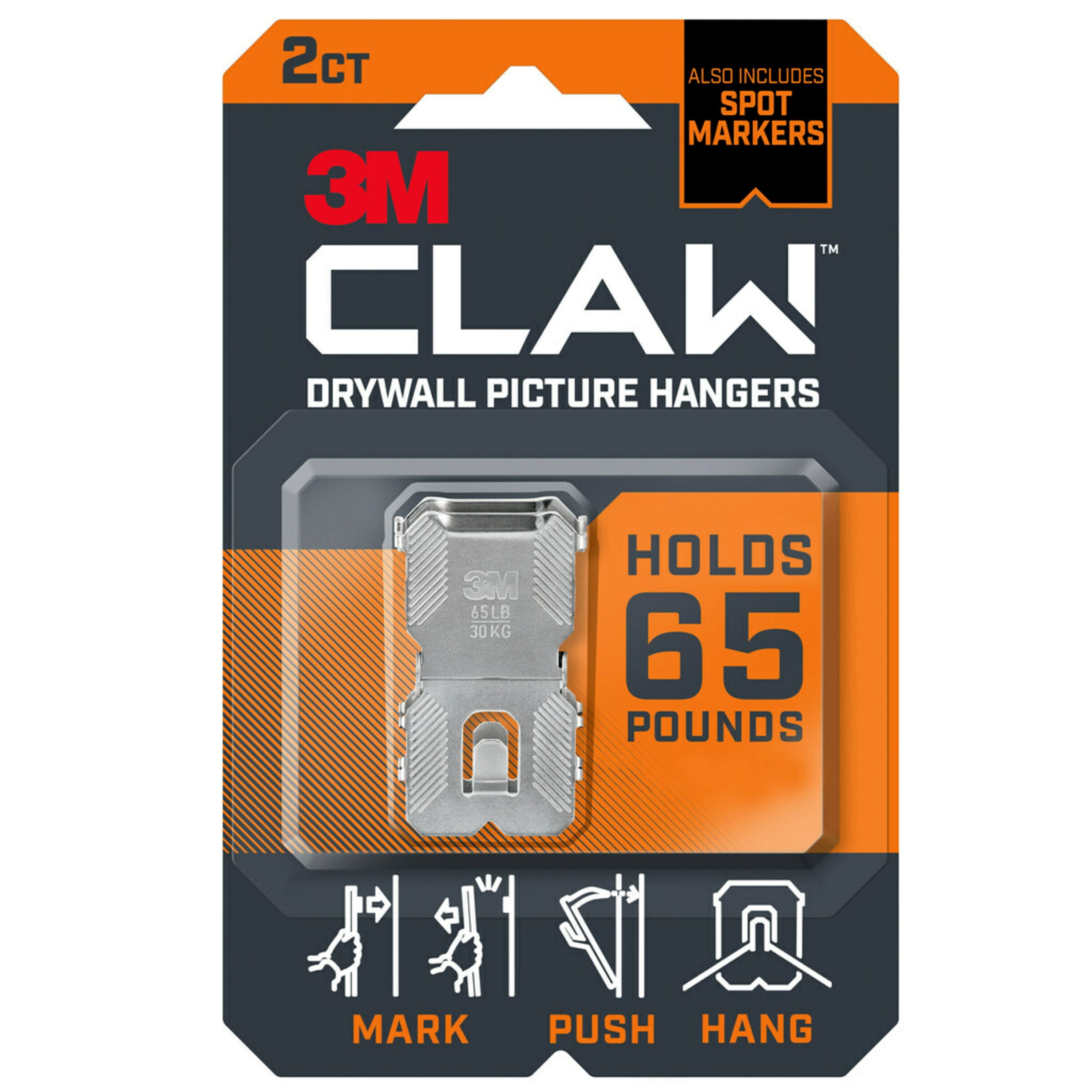 3M CLAW Drywall Picture Hanger with Temporary Spot Marker, Holds 65 lbs, 2  Hangers, 2 Markers