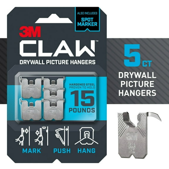 3M CLAW 15 lb. Drywall Picture Hanger with Spot Marker, Gray, Hanging Solution for Room Decor and Office Space Decor, Including Clocks and Wall Art, 5 Wall Hangers, 5 Spot Markers