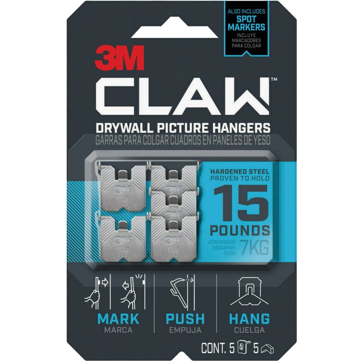 3M CLAW Drywall Picture Hangers [15 lbs.]: 5-pack Silver [24-sets]