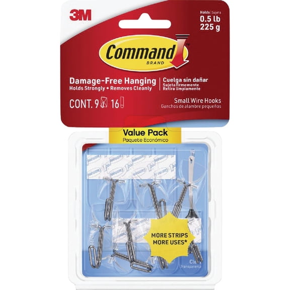 Command 3M 17067Clr9es Clear Hooks & Strips, Plastic/Wire, Small, 9 Hooks W/12 Adhesive Strips/Pack