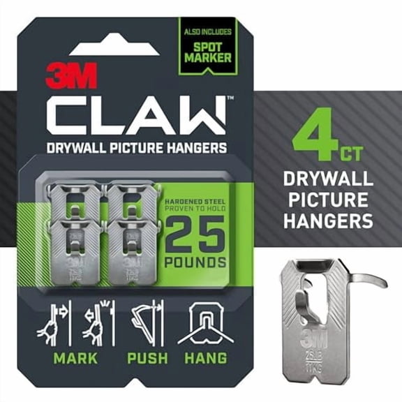 3M Claw 25 lb. Drywall Picture Hanger with Spot Markers, Heavyweight Hanging Solution for Room Decor and Office Decor, Including Mirrors or Large Art 4 Pack
