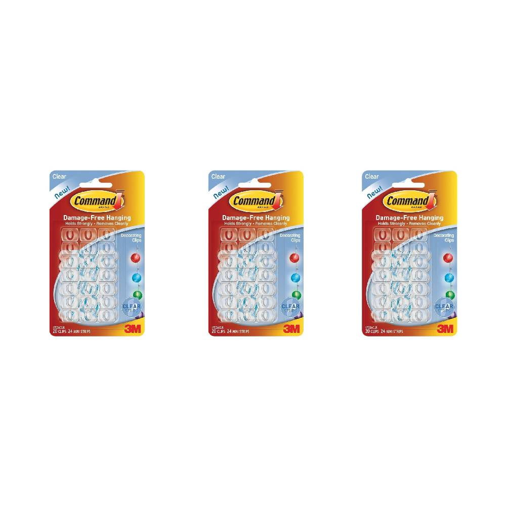 3M Command 17026 Adhesive Hooks Clips Hangs Xmas Fairy Lights 20Ct Clear,  3-Pack