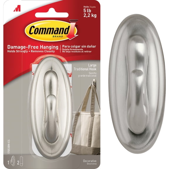 3M Command 17053BN Traditional Plastic Hook, Large, Brushed Nickel
