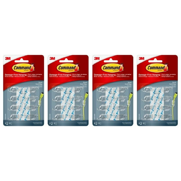 3M Command 17302 Small Cord Clips Clear Wire Clips Hooks Damage Free 8 Clips 12 Strips, 4-Pack