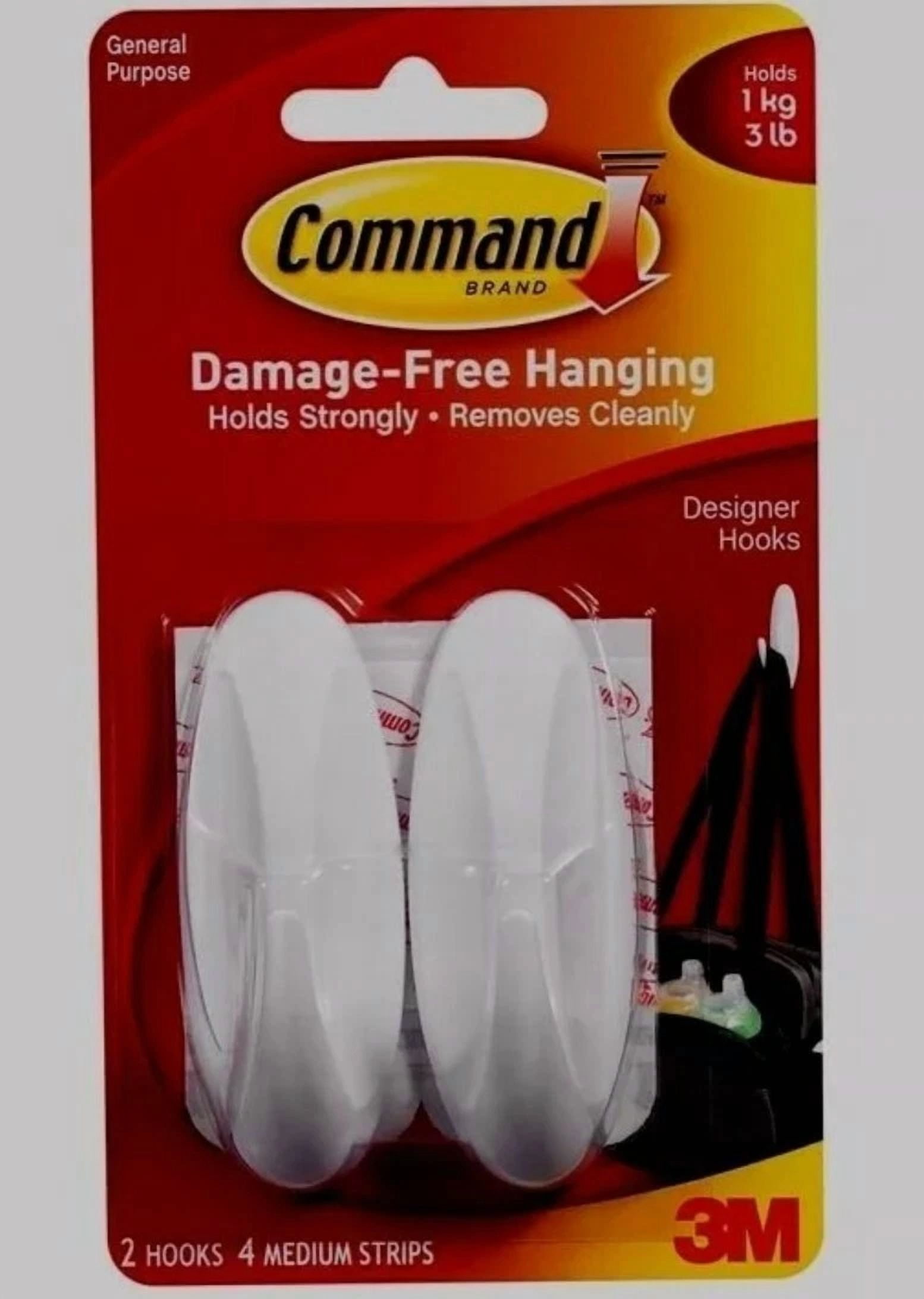 3M Command 2 Medium Designer Hooks 4 Adhesive Strips Multi-Use White Wall 17081