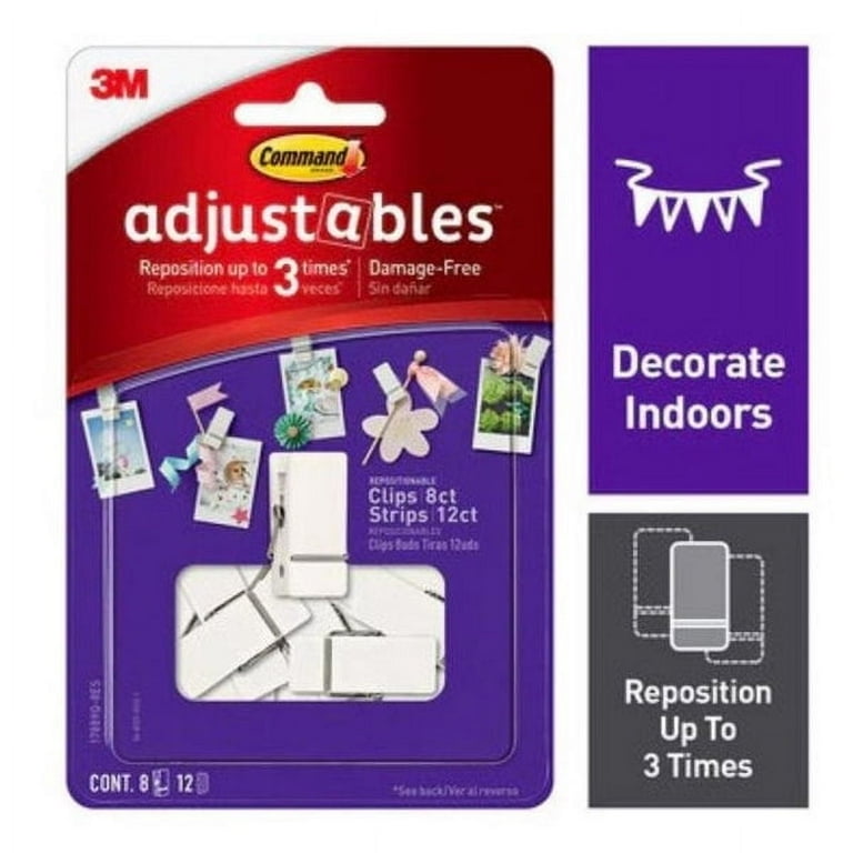 1 Pack 3M Command Adjustables 8 White Spring Clips & 12 Adhesive Strips Per Pack