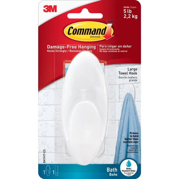 Command Bath Large Towel Hook - Adhesive Damage Free, Frosted - 2 Pack, Large, White