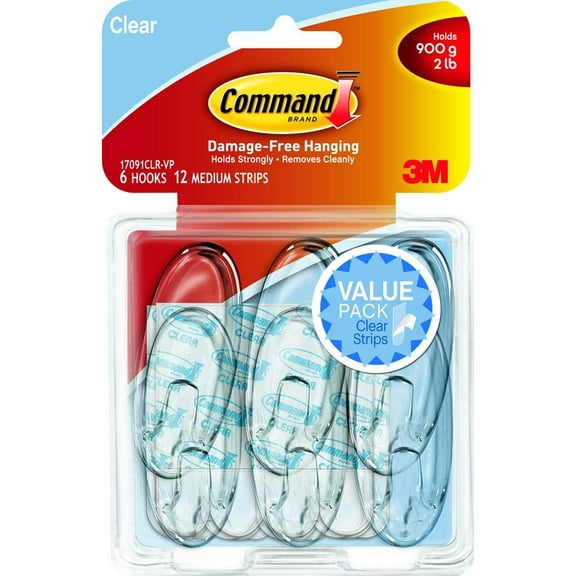 3M Command Brand Value Pack Damage Free Hanging, Clear, 6 Hooks and 12 Strips