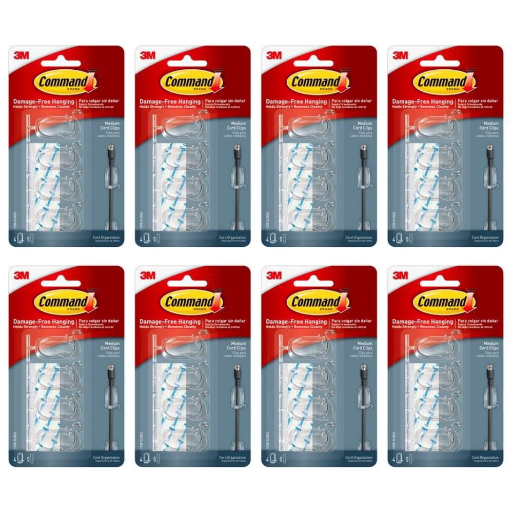 3M Command Large Cord Clips Hooks Damage Free Adhesive 2 Clips 3 Strips Clear, 4-Pack