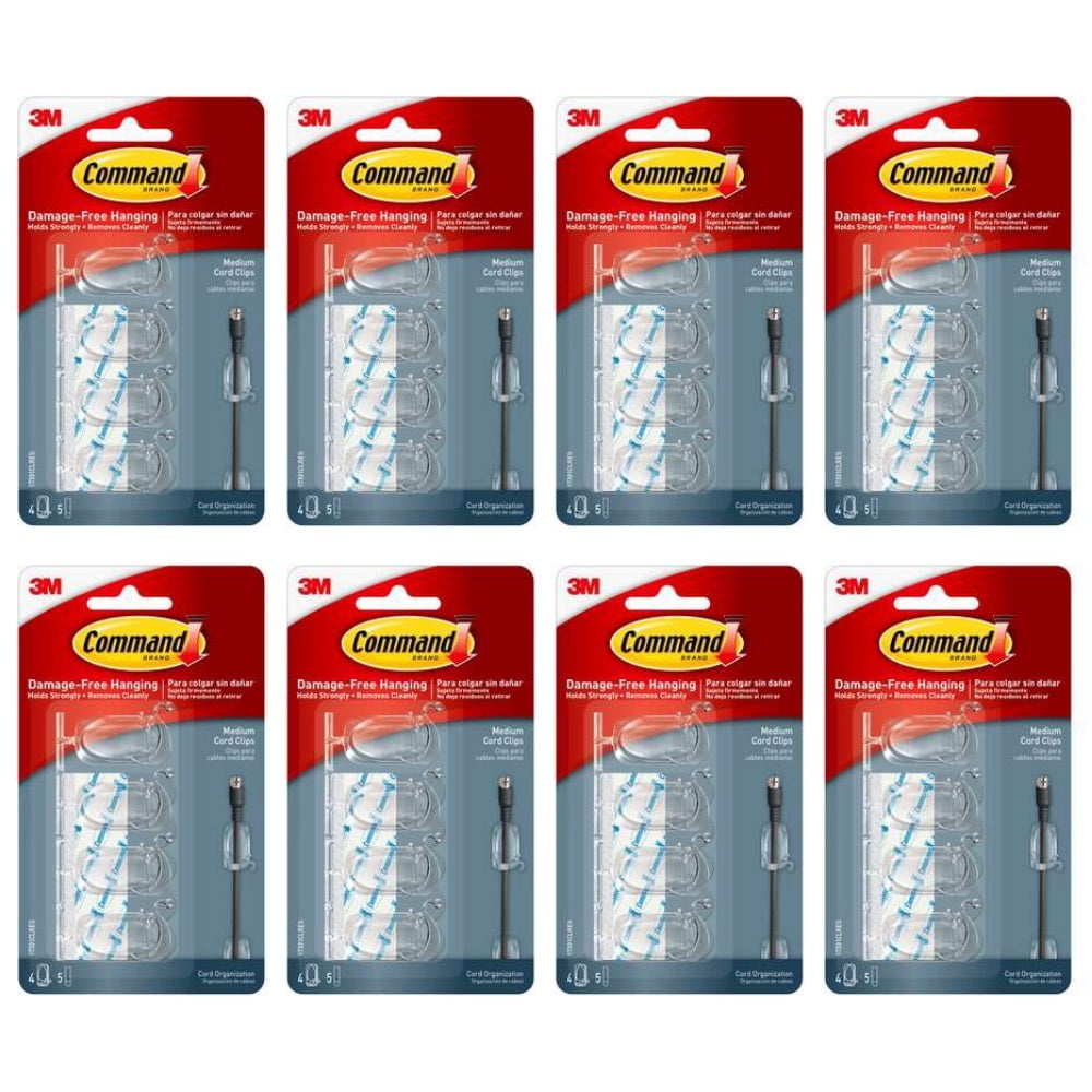 3M Command Clear Cord Clips Medium Cable Organizer 4 Clips 5 Strips, 8 ...