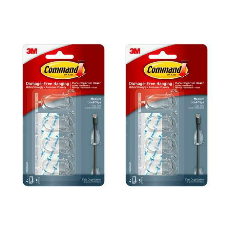 3M Command Clear Cord Clips Medium Wire Clips Hooks Strong Hold 17301 4  Clips 5 Strips Per Pack, 2-Pack 