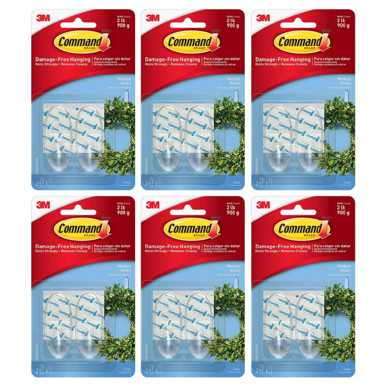 3M Command Clear Medium Hooks 17091 Holds 2lb Damage Free Adhesive Strong  Hold 2 Hooks Per Pack, 6-Pack