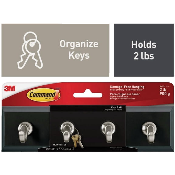 Command Decorative Key Rail - 4 Hooks, Black/Silver, Easy Installation, Plastic, 8" Wide