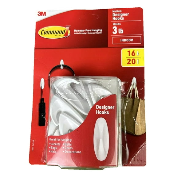 3M Command Indoor Medium Designer Hanging Hooks, 16 Hooks & 20 Strips