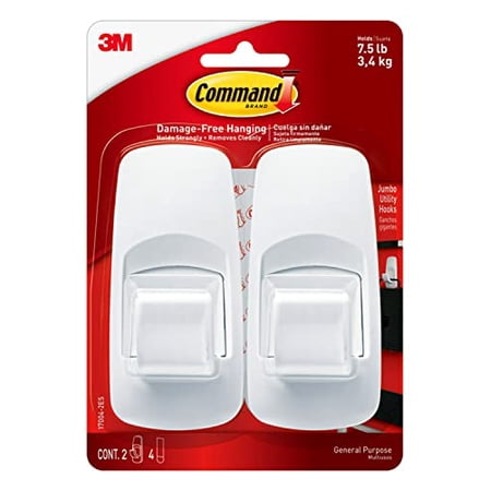 Command Jumbo Utility Hooks, White, Plastic, 1 Hook, Holds Up to 7.5 Pounds, Damage Free Hanging, For Indoor/Outdoor Use, Pack of 2