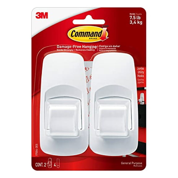 Command Jumbo Utility Hooks, White, Plastic, 1 Hook, Holds Up to 7.5 Pounds, Damage Free Hanging, For Indoor/Outdoor Use, Pack of 2