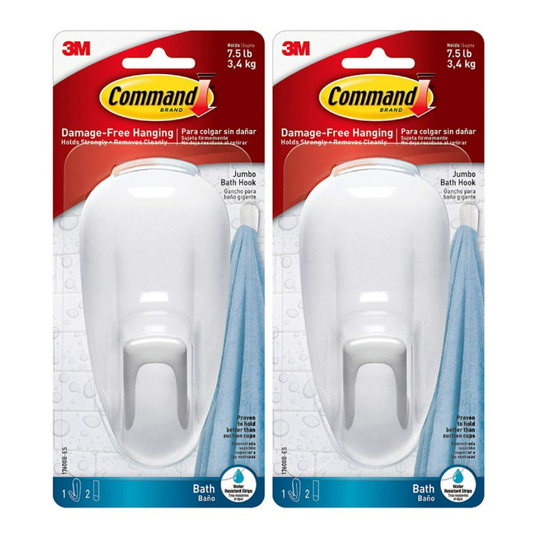 3M Command Large Adhesive Bathroom Hook Water-Resistant Strips, White,  2-Pack