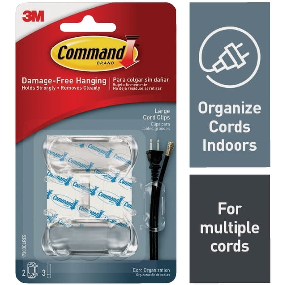 3M Command Large Cord Clips Hooks No Damage Adhesive 2 Clips 3 Strips Clear, 2-Pack