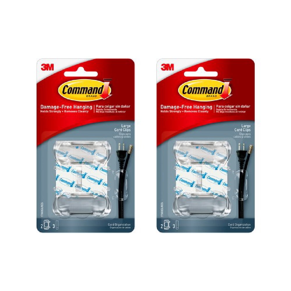 3M Command Large Cord Clips Hooks No Damage Adhesive 2 Clips 3 Strips  Clear, 2-Pack 