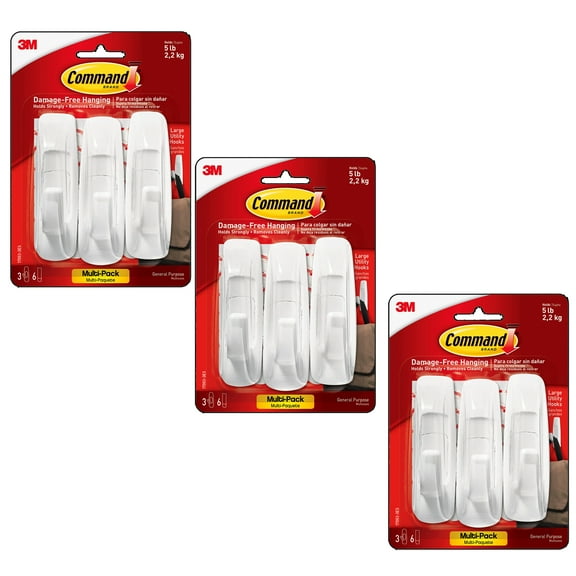 3M Command Large Utility Hooks Multi-Pack, 3 Per Pack, 3 Packs