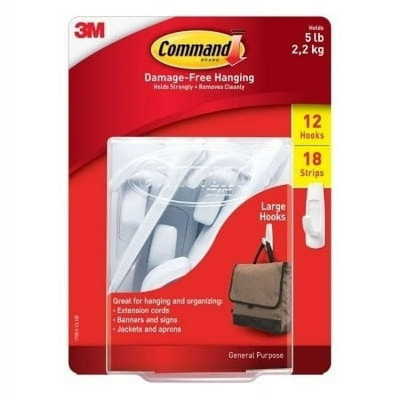 3m 17003CLUB General Purpose Hooks, Large, Plastic, White, 5 Lb Capacity, 12 Hooks And 18 Strips/pack