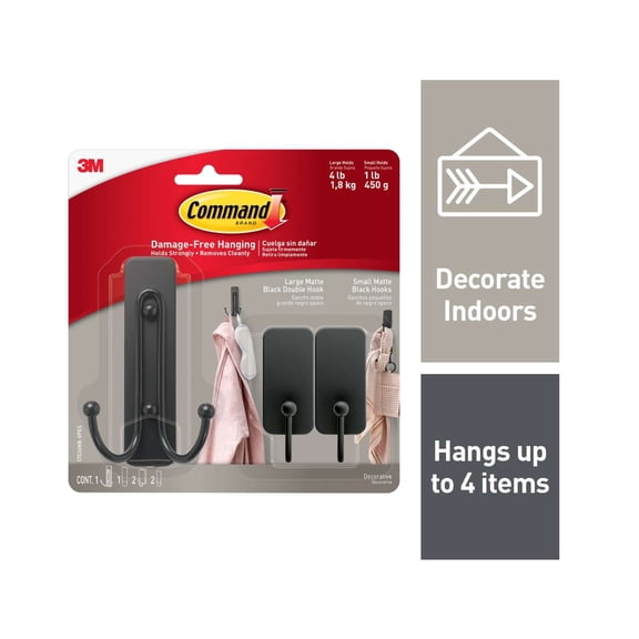 Command Hooks Combo Pack, Matte Black, 1 Large Double Hook, 2 Small Decorative Hooks, 3 Strips