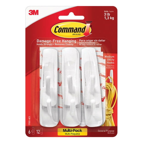 3M Command Medium Plastic Hook 3 in. L 6 pk 17001-6ES