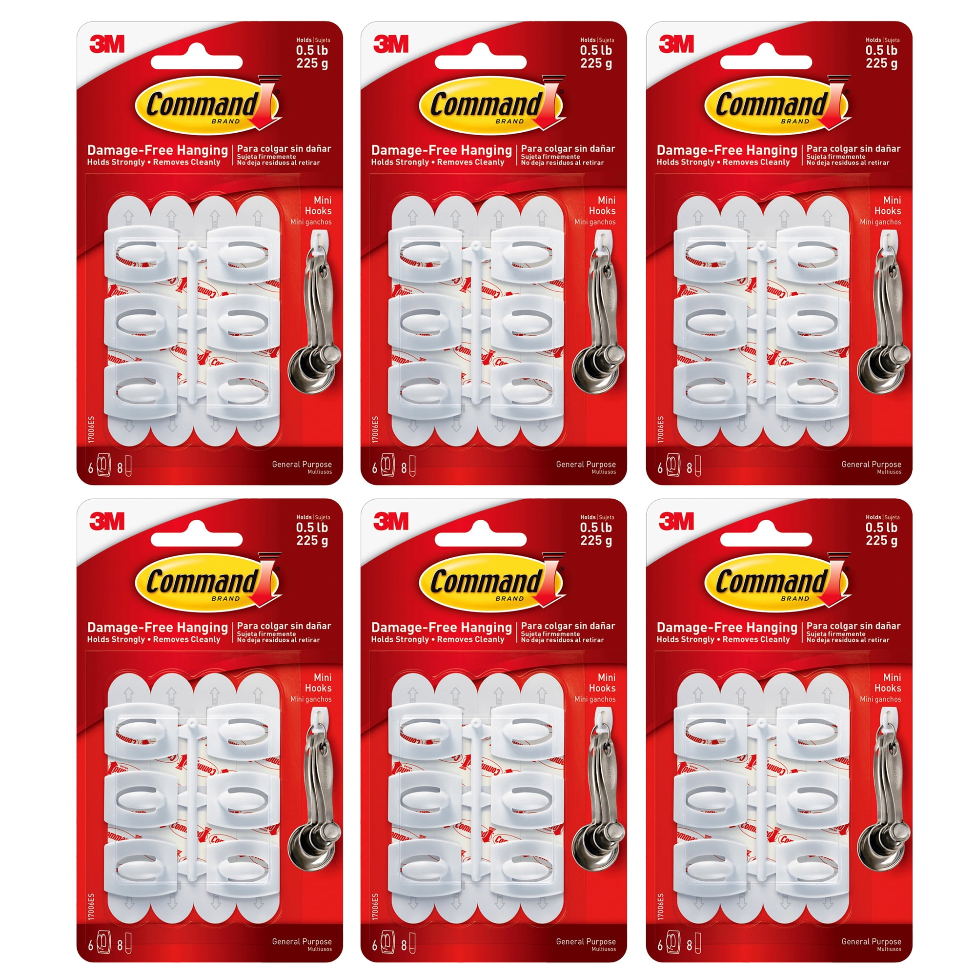 3M Command Mini Hooks, White, 6 Per Pack, 6 Packs