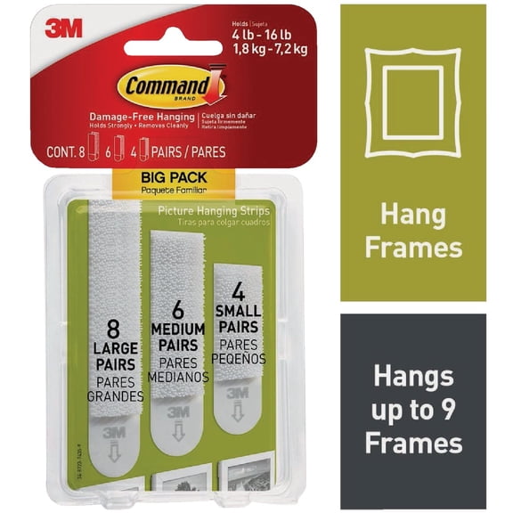 3M Command Picture Hanging Strips Big Pack, Removable, 4 Small, 6 Medium, 8 Large, White, 18 Pairs/Pack