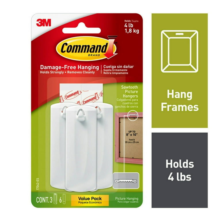 Command Sawtooth Picture Hanger White 3 Hangers 6 Strips Per Pack