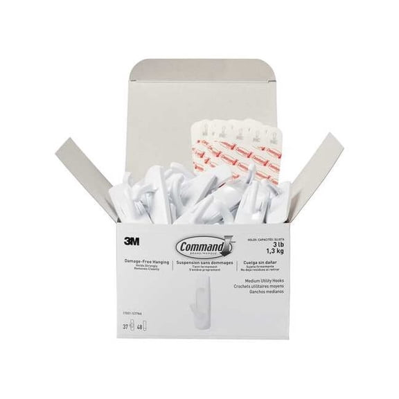3M Command Utility Hooks, Medium, 5-5/8" x 3-13/16" x 5-1/8", White, Box Of 37 Hooks
