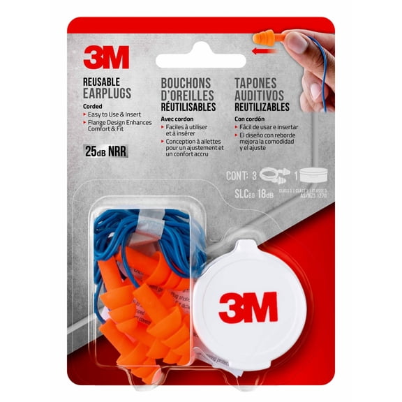 3M Earplugs, Reusable Ear Protection, Tri-Flange, Corded, Orange, 90716H3-DC, 3 Pairs