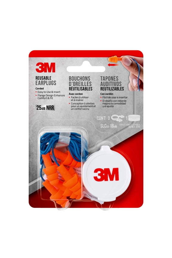 Earplugs, Reusable Ear Protection, Tri-Flange, Corded, Orange, 90716H3-DC, 3 Pairs