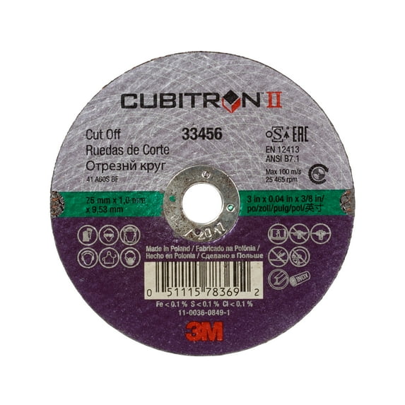 3M Cubitron II Cut-Off Wheel, 33456, 75 mm x 1 mm x 9.53 mm (3 in x .04 in x 3/8 in), 5 wheels per carton