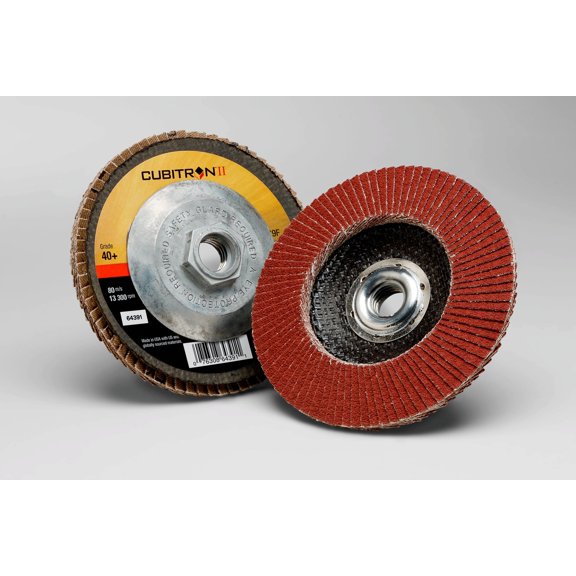 3M Cubitron II Flap Disc 969F, T29 Quick Change, 4-1/2 in x 5/8-11, 40+ YF-weight, 10 per case