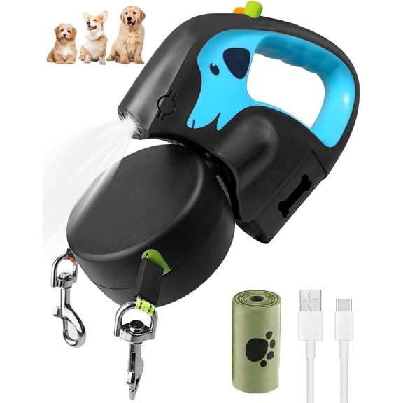 3M Double Retractable Dog Lead, 360 ° Tangle-Free Nylon Band, Up to 20kg Non-Slip Handle Dog Lead with Rechargeable Flashlight, Walking 2 Dogs, Rubbish Box (Bag Included)