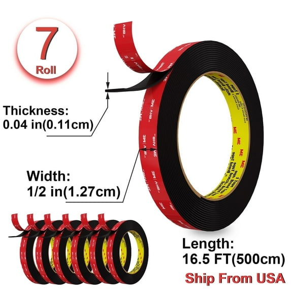 3M Double Sided Tape Heavy Duty 1 inch * 16.5FT 0.04in Thick Double Sided Mounting Tape for Walls,VHB 5925 Black Adhesive Tape Heavy Duty for Car, LED Strip Light, Home/Office Decor (7 Rolls)