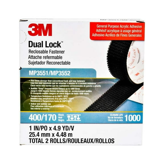 3M Dual Lock Reclosable Fastener MP3551/MP3552 400/170 Black, 1 in x 4.9 yd .23 in, 5 per case Boxed