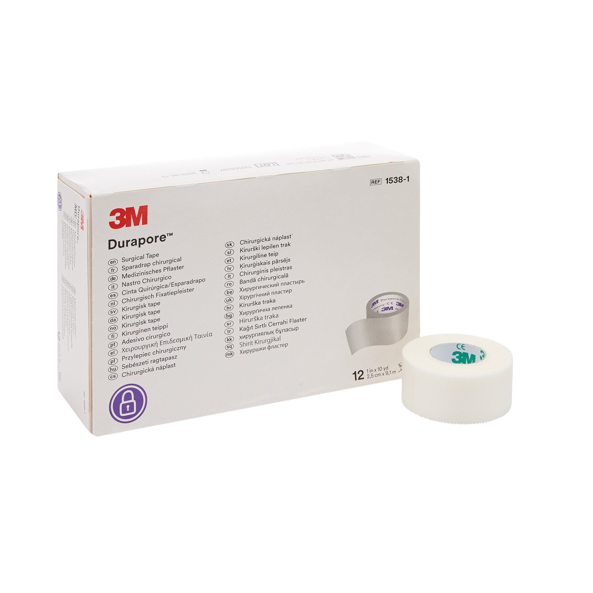 3M Durapore Medical Tape, Non-Sterile, Silk-Like Cloth, White, 1 in x 10 yds, 12 Rolls, 10 Packs, 120 Total