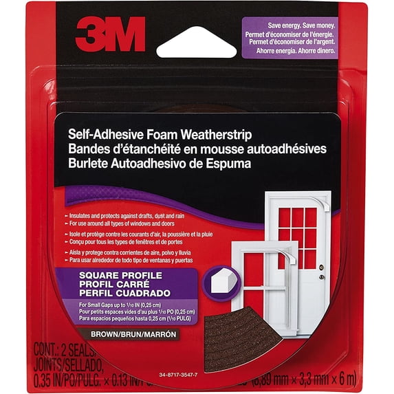 3M FWS-120 Self Adhesive Foam Weatherstrip Square-Profile, 0.35-Inch x 19.7-Feet, Brown