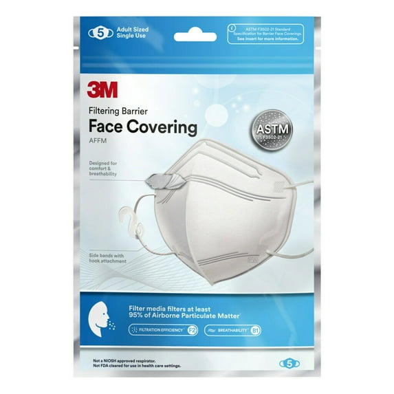 3M Filtering Barrier Face Covering, One Size Fits All, 5/Pack