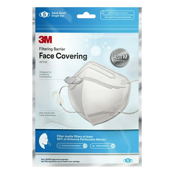 3M Filtering Barrier Face Covering, One Size Fits All, 5/Pack