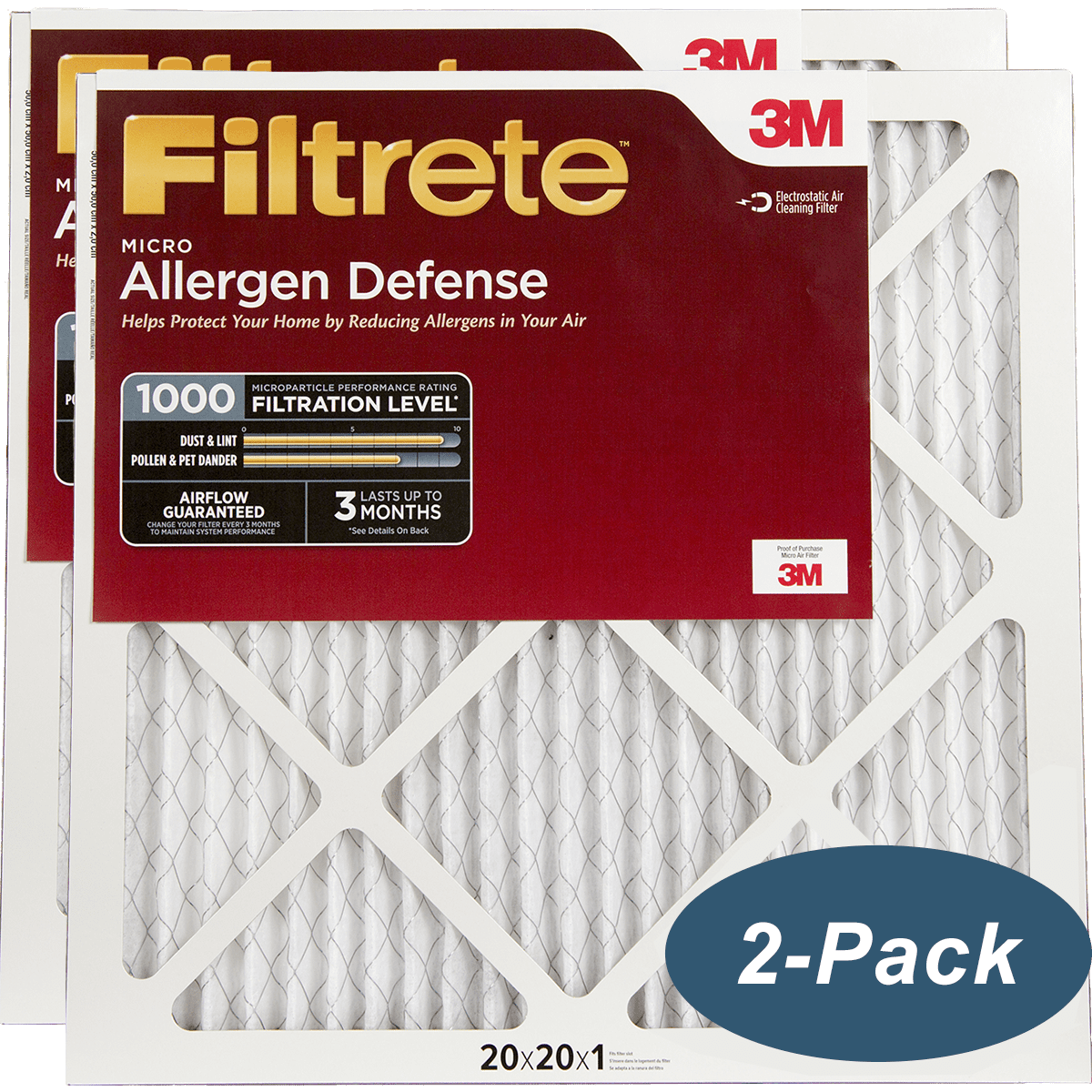 3M Filtrete 1Inch Micro Allergen Defense MPR 1000 Air Filters 20x20x1 2PACK