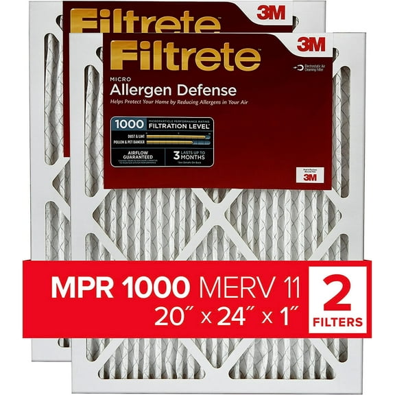 Filtrete 20x24x1 AC Furnace Air Filter MERV 11 MPR 1000 Micro Allergen Defense 3-Month Pleated 1-Inch Electrostatic Air Cleaning Filter 2 Pack (Actual Size 19.81 x 23.81 x 0.81 in)