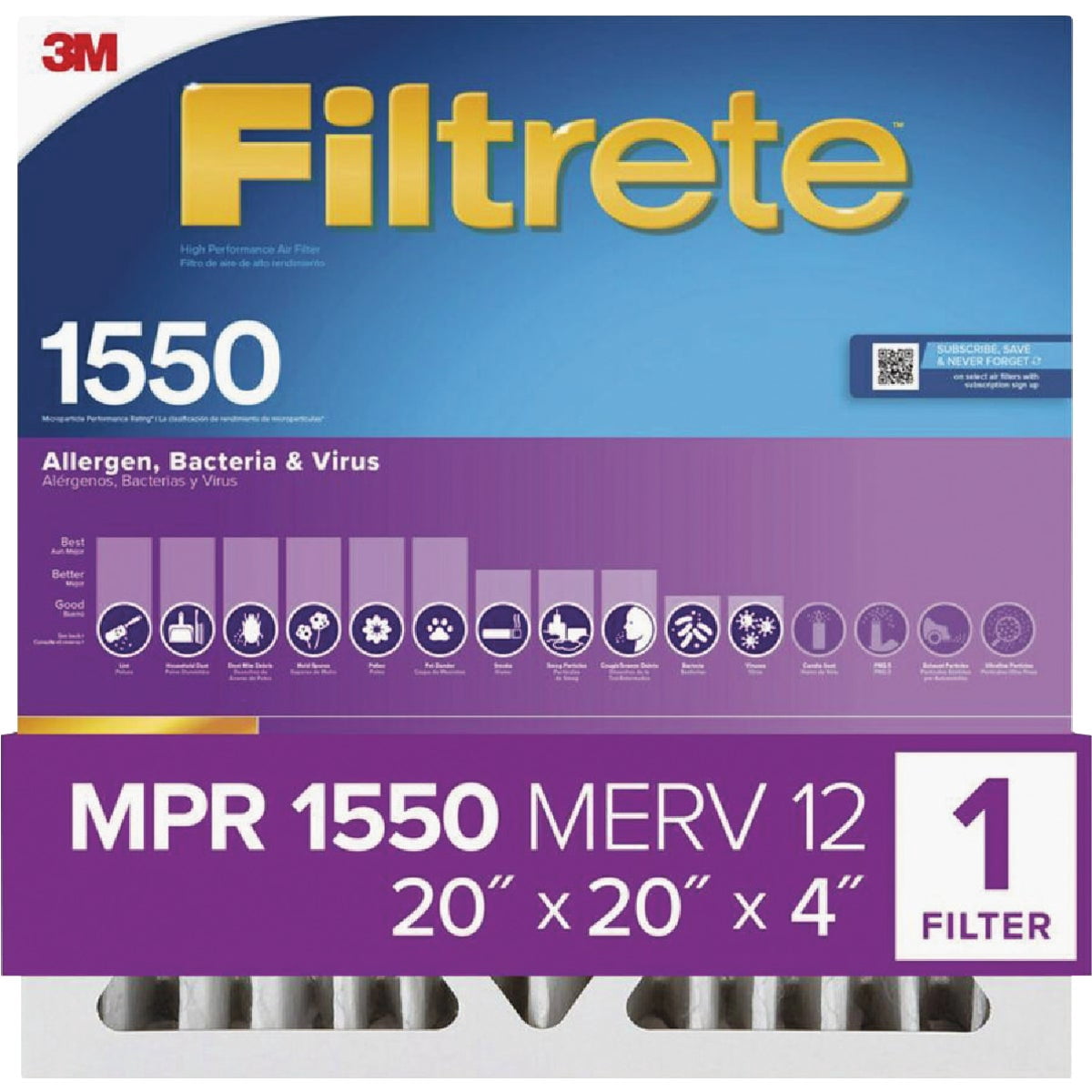 3M Filtrete Healthy Living 1550 MPR Ultra Allergen Reduction Filters 20x20x4 2-PK