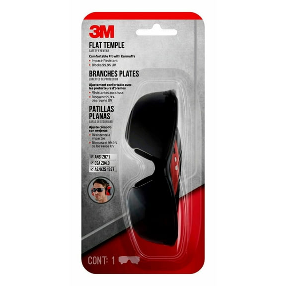 3M™ Flat Temple Safety Eyewear, Black/Red, Gray Lens