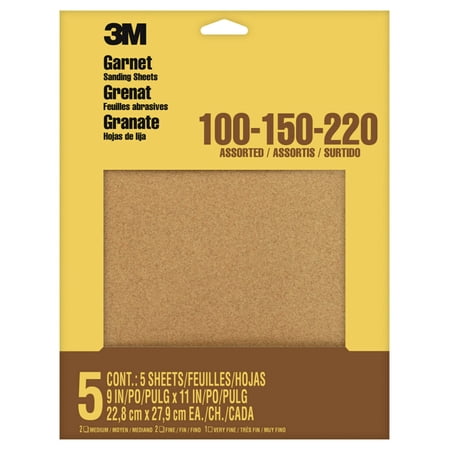 3M Garnet Sandpaper, 9 in. x 11 in., Assorted Grits, 5 Pack
