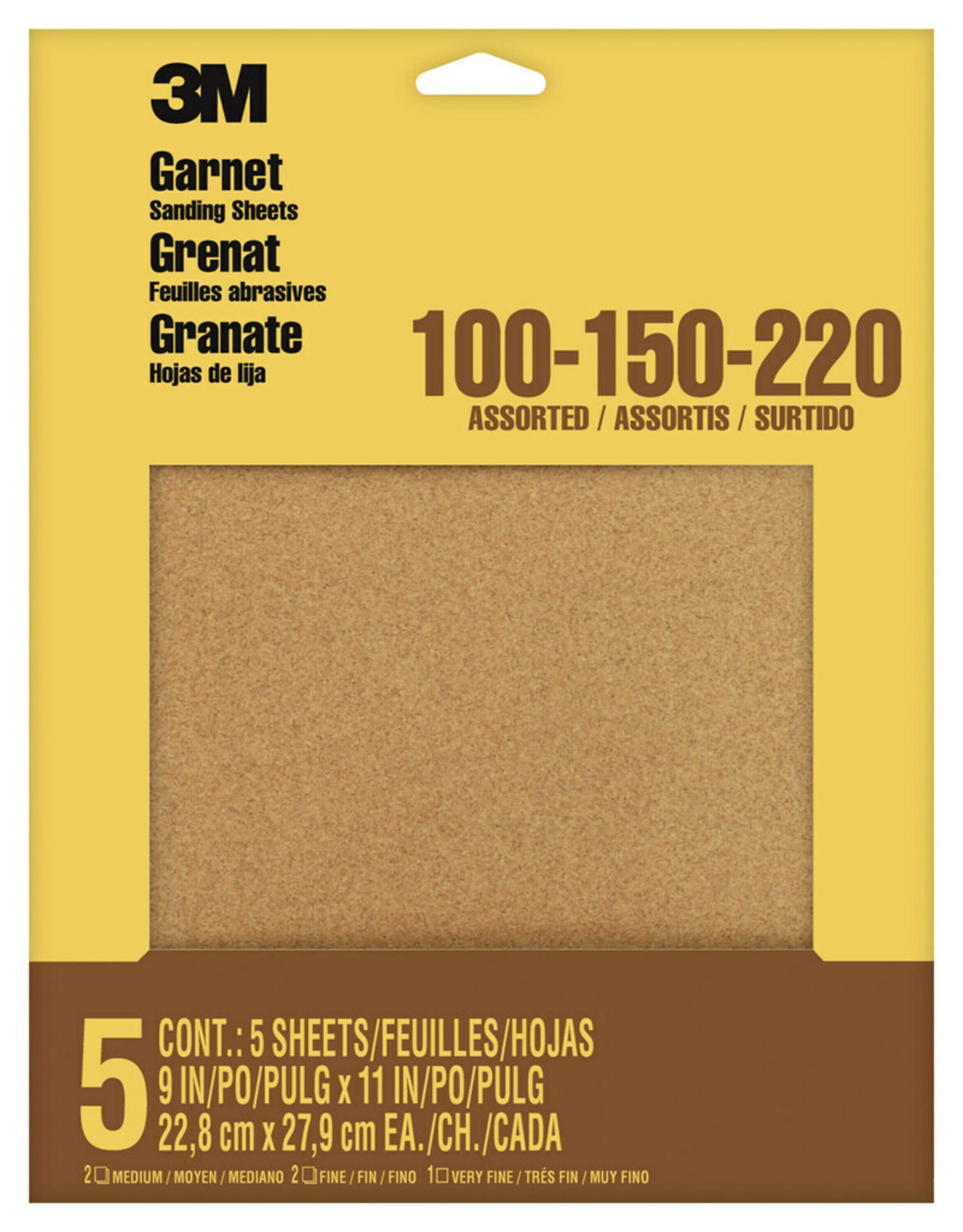 3M Garnet Sandpaper, 9 in. x 11 in., Assorted Grits, 5 Pack - image 1 of 2