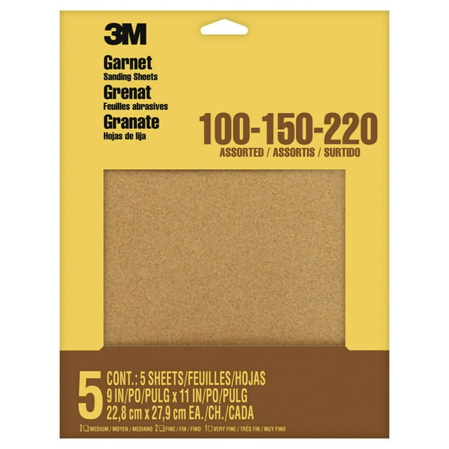 3M Garnet Sandpaper, 9 in. x 11 in., Assorted Grits, 5 Pack