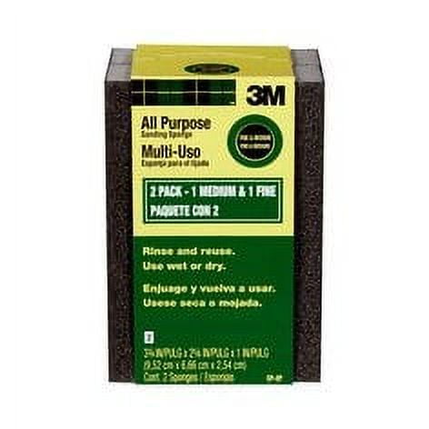 3M General Purpose Sanding Sponge, 2-Pack CP-2P-ESF, Block, 3 3/4 in x 2 5/8 x 1 in, 1 Fine & 1 Med, 2/pk, 12 pk/cs